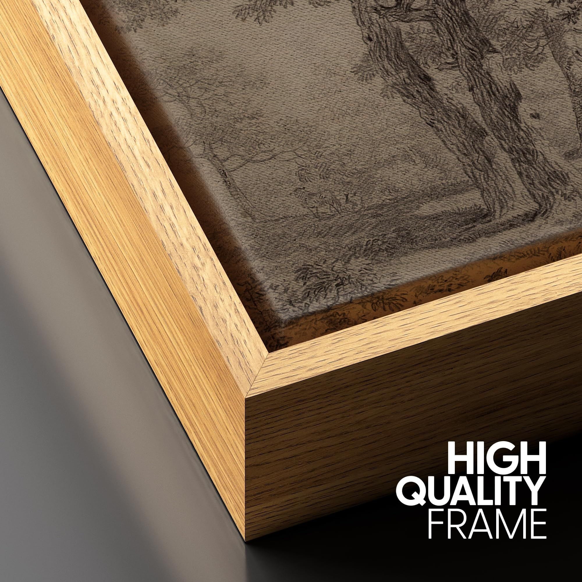 IDEA4WALL Framed Canvas Wall Art Retro Majestic Oak Tree Drawing Detailed Illustrations Black & White Nature Forest Elegant Vintage Print Wall Decor for Living Room, Office -