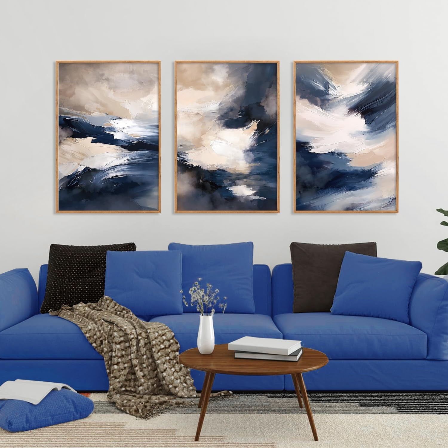 Blue Abstract Brush Stroke Framed Wall Art, Modern Minimalist Color Block Canvas Wall Decor, Earth Tone Shape Wall Painting, Beige Neutral Art Print for Living Room, Bedroom, Office - 16"x24"x3