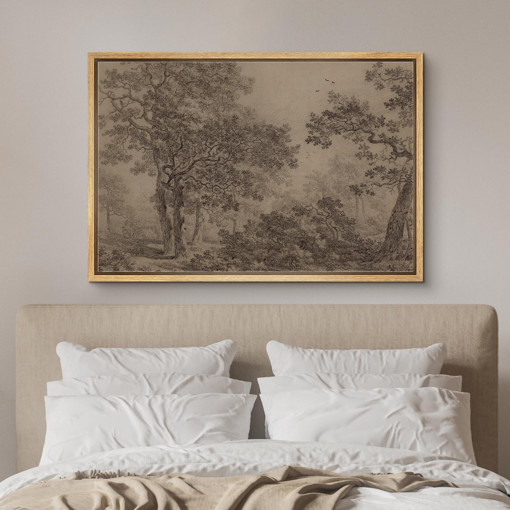 IDEA4WALL Framed Canvas Wall Art Retro Majestic Oak Tree Drawing Detailed Illustrations Black & White Nature Forest Elegant Vintage Print Wall Decor for Living Room, Office -