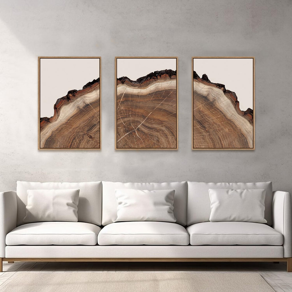 Tree Rings Wood Wall Art Framed Set, Modern Beige Wood Stump Wall Decor, Abstract Tree Spiral Wall Painting,Nature-Inspired Art Print for Living Room, Bedroom, Dining Room, Office-16 x24 x3