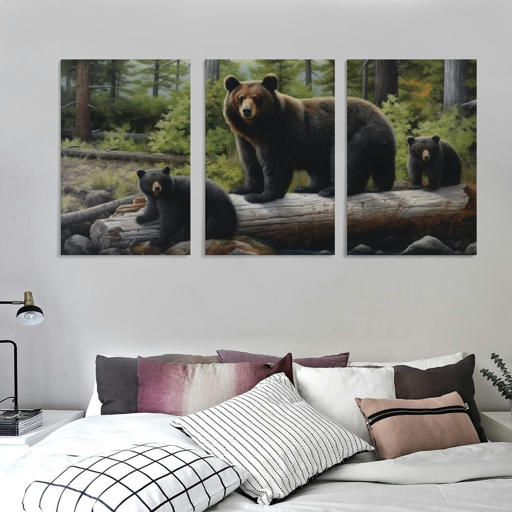 COMIO  Funny Rustic Black Bear Canvas Wall Art Prints Stretched and Framed,Cubs Family Theme Forest Wall Artworks Picture for Bathroom Kitchen Bedroom Winter Decoration 12''x16''X3 Panels