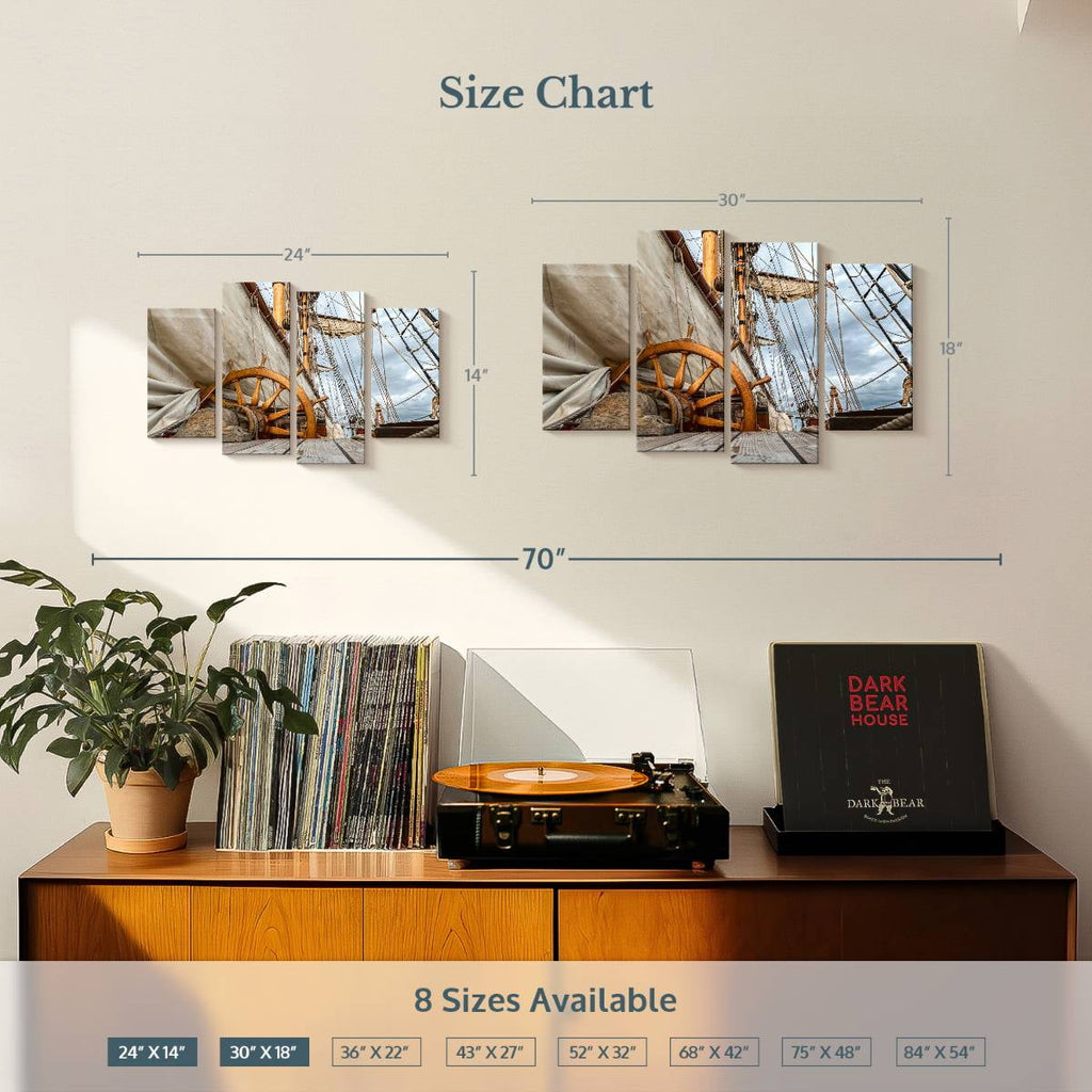 Elephant Stock Ship Wheel And Deck Wall Art - Horizontal Multi Panel Canvas - Living Room Wall Decor - Nautical Multi Panel - Brown And Beige Decor - 30" x 18"