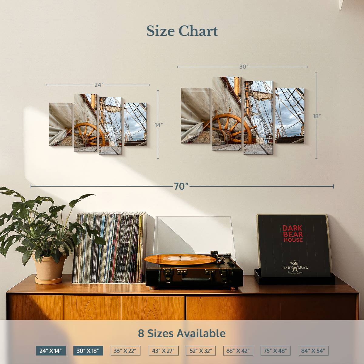 Elephant Stock Ship Wheel And Deck Wall Art - Horizontal Multi Panel Canvas - Living Room Wall Decor - Nautical Multi Panel - Brown And Beige Decor - 30" x 18"