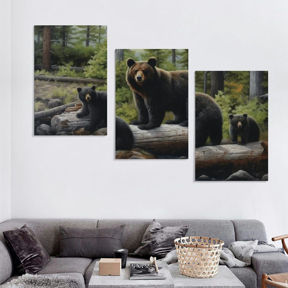 COMIO  Funny Rustic Black Bear Canvas Wall Art Prints Stretched and Framed,Cubs Family Theme Forest Wall Artworks Picture for Bathroom Kitchen Bedroom Winter Decoration 12''x16''X3 Panels