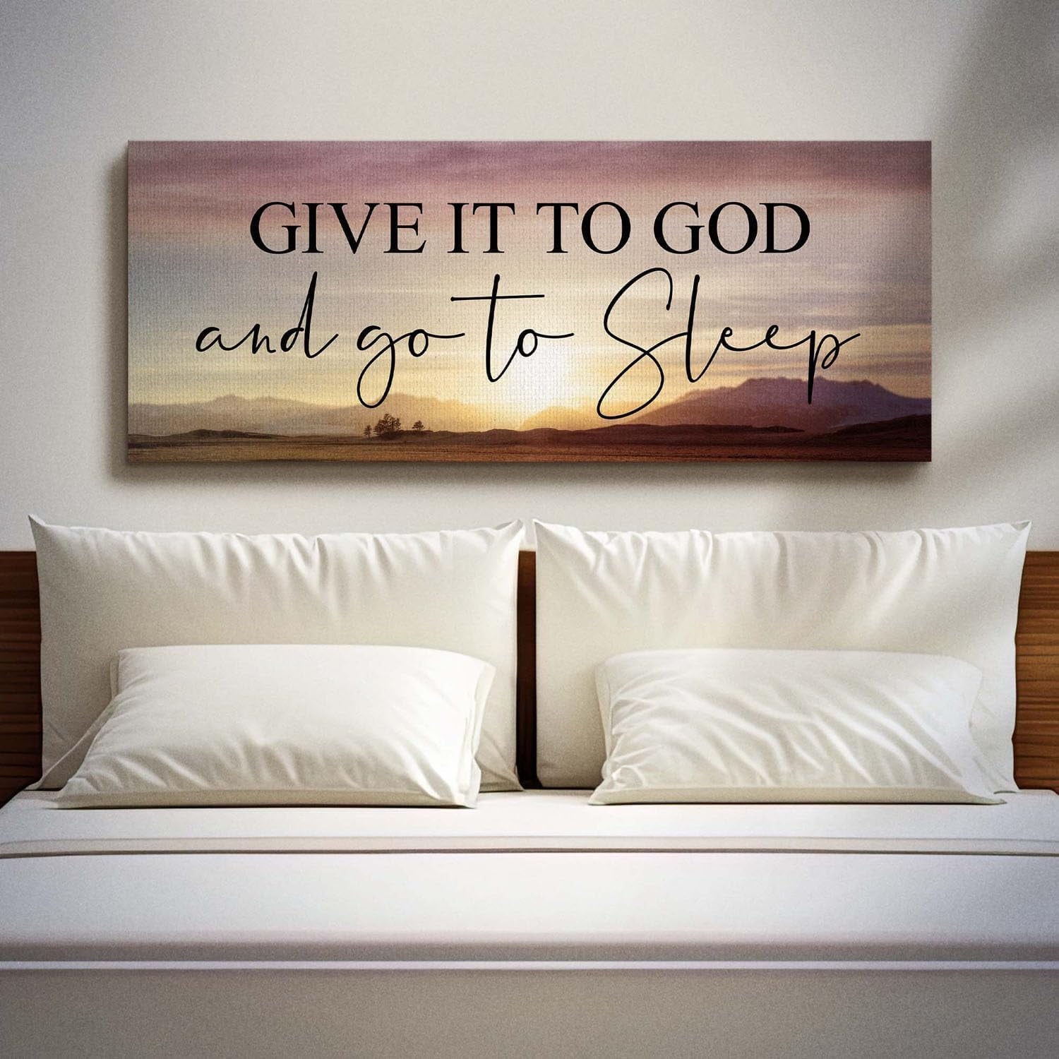 Give It To God and Go To Sleep Sign, Above Master Bed Wall Decor, Above Bed Wall Decor Canvas, Ready To Hang for Bedroom Home Wall Decor 16x40