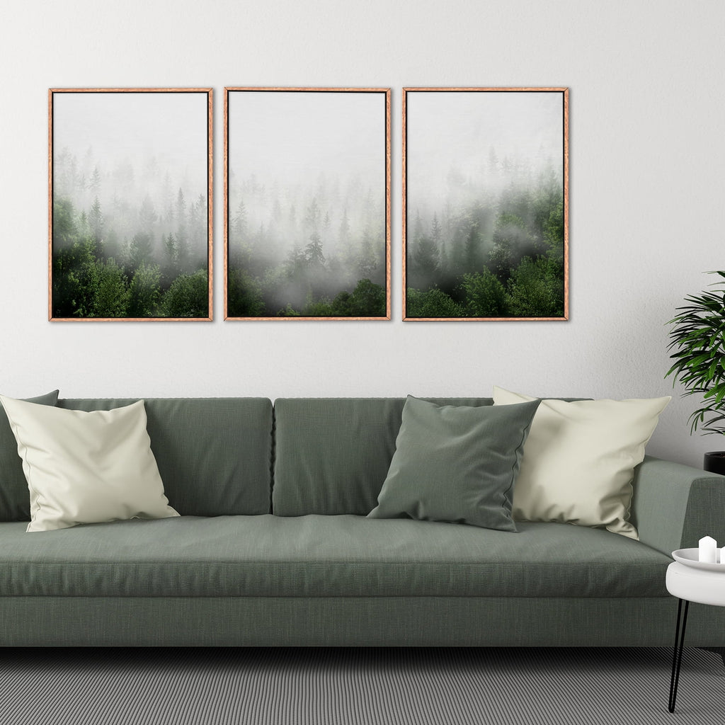 Misty Green Forest Framed Canvas Wall Art Set, Nature Scenery Modern Wall Decor, Foggy Mountain Wall Painting, Woodland Landscape Nursery Art Print for Living Room, Bedroom, Office - 16"x24"x3
