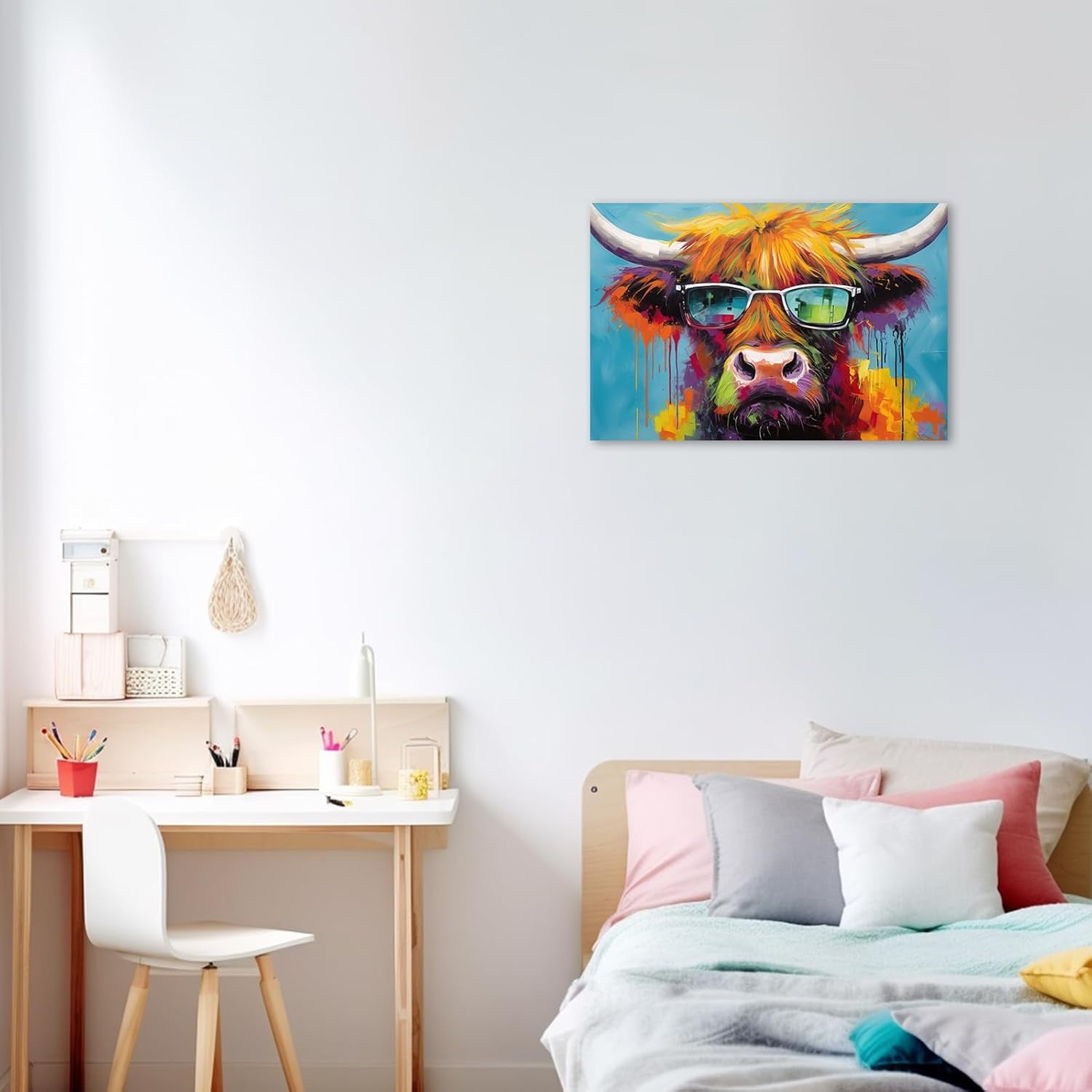 ZHONGYUTONG Highland Cow Canvas Wall Art Highland Cow Wearing Glasses Poster Prints Colorful Animals Pictures for Country Kitchen Bathroom Decor Framed (12.00" x 18.00")