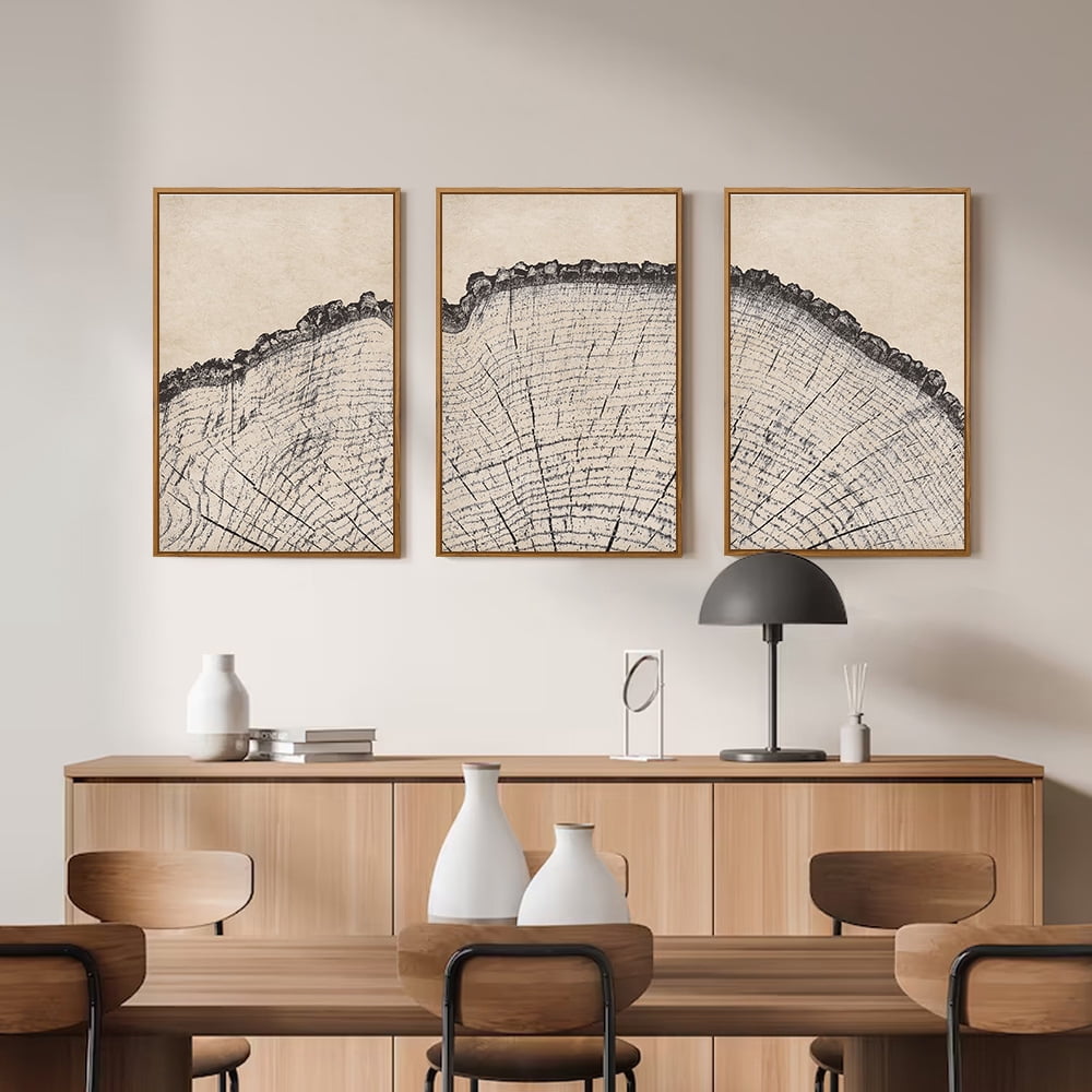Vintage Wood Tree Rings Wall Art Set, Framed Canvas Paintings, Black and White Nature-Inspired Decorative for Modern Home Decor for Living Room, Bedroom, Dining Room, Office- 16"x24"x3