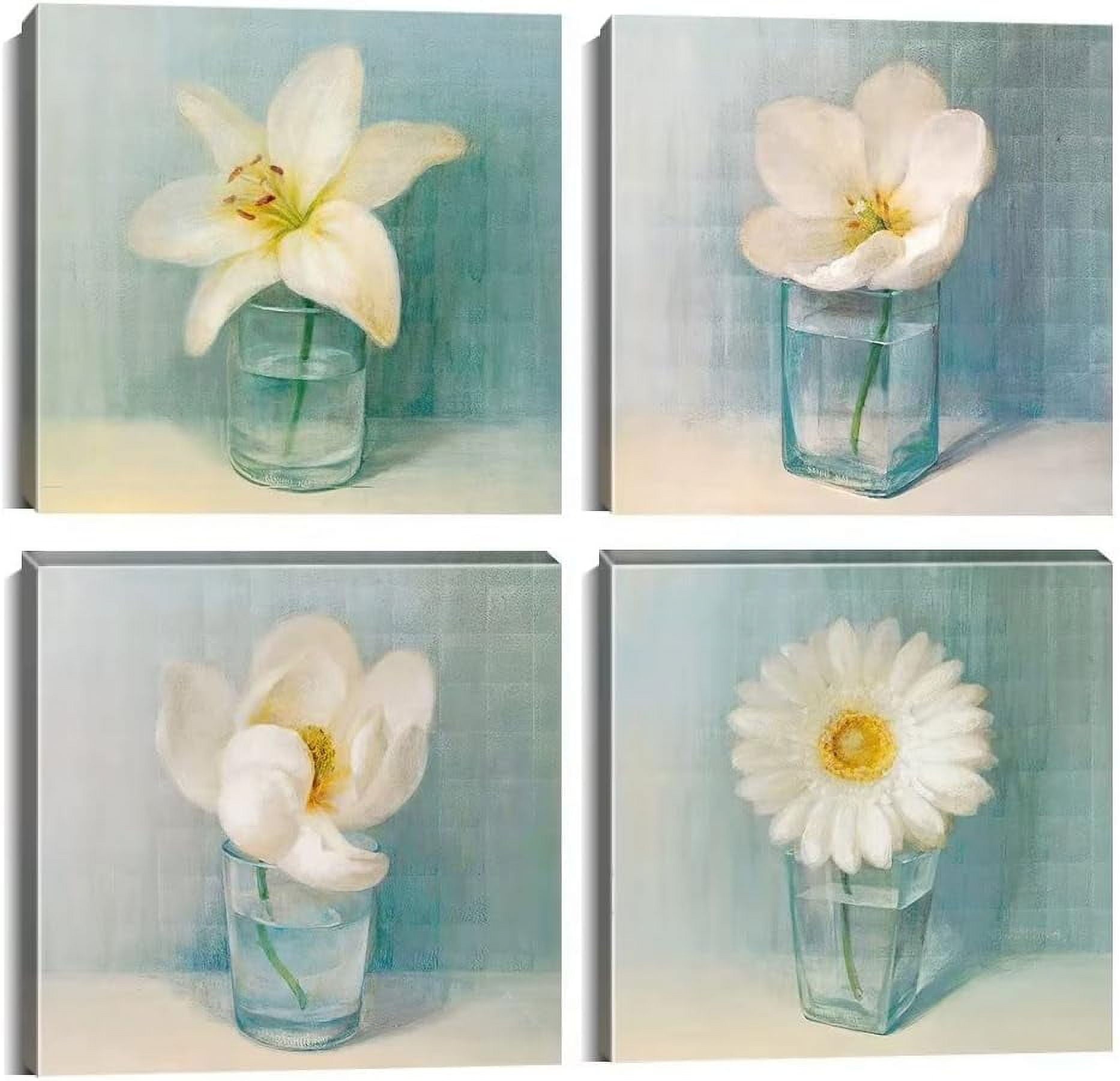 Yellow Gray Wall Art Canvas Flowers Birds Wall Decor for Living Room Bathroom Abstract Modern Floral Large Posters Print Artwork Framed Hang Pictures for Home Decorations 12''''x12'''' x4 Panels