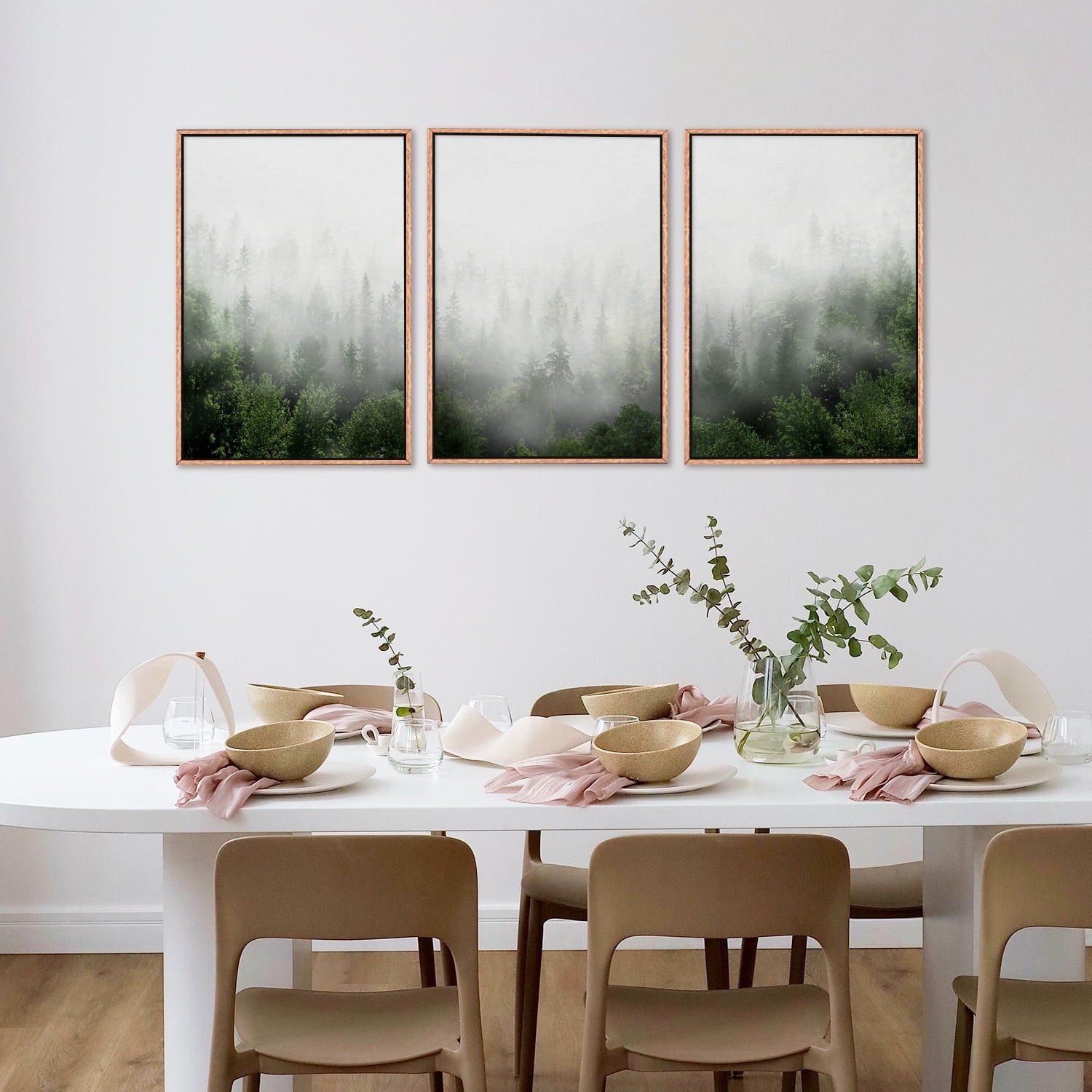 Misty Green Forest Framed Canvas Wall Art Set, Nature Scenery Modern Wall Decor, Foggy Mountain Wall Painting, Woodland Landscape Nursery Art Print for Living Room, Bedroom, Office - 16"x24"x3