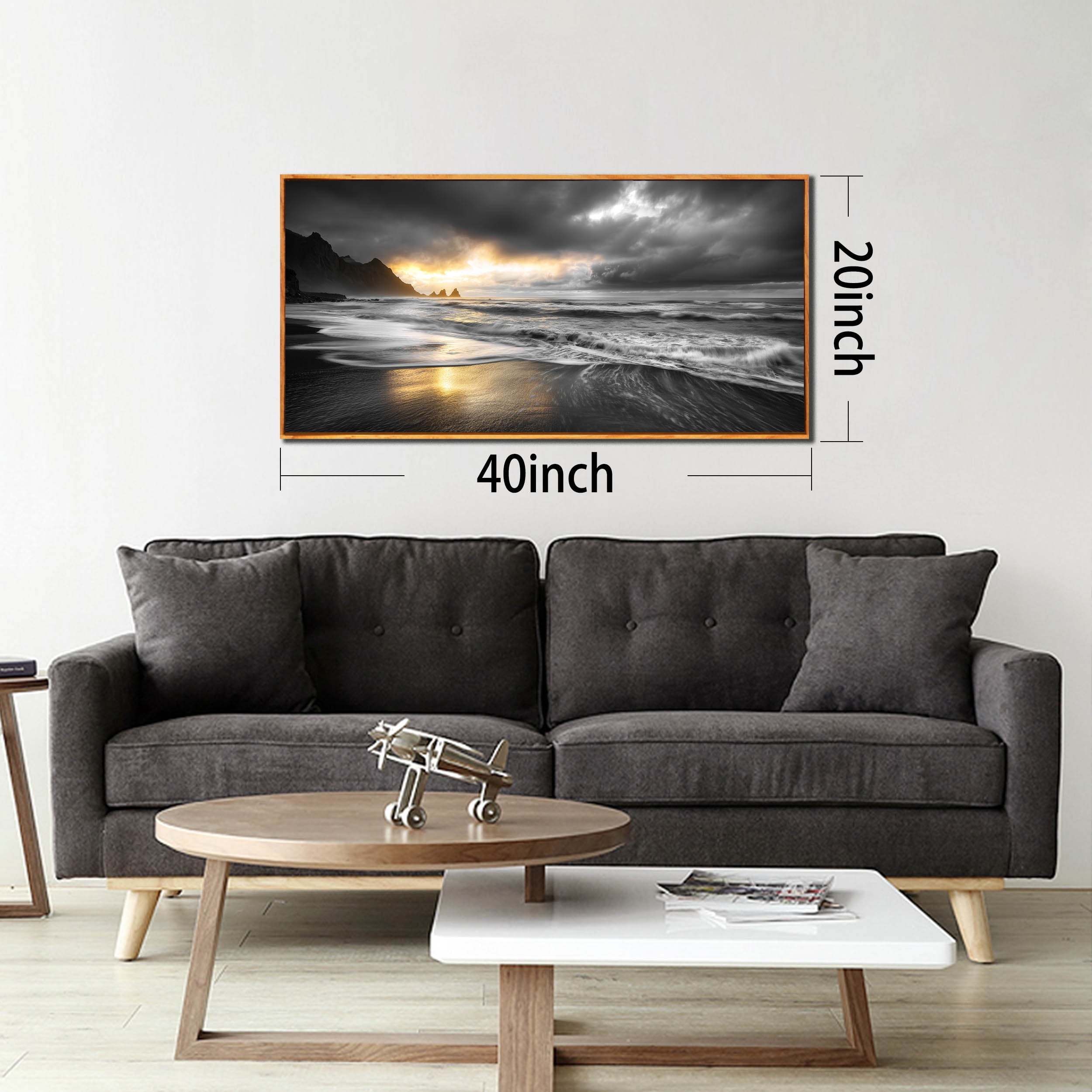 Abstract Coastal Sunset Canvas Wall Art for Living Room, Black and White Wall-Decor for Bedroom, Seaside Landscape Home Decor for Hallway Office, Size 40 x 20 Inches Framed