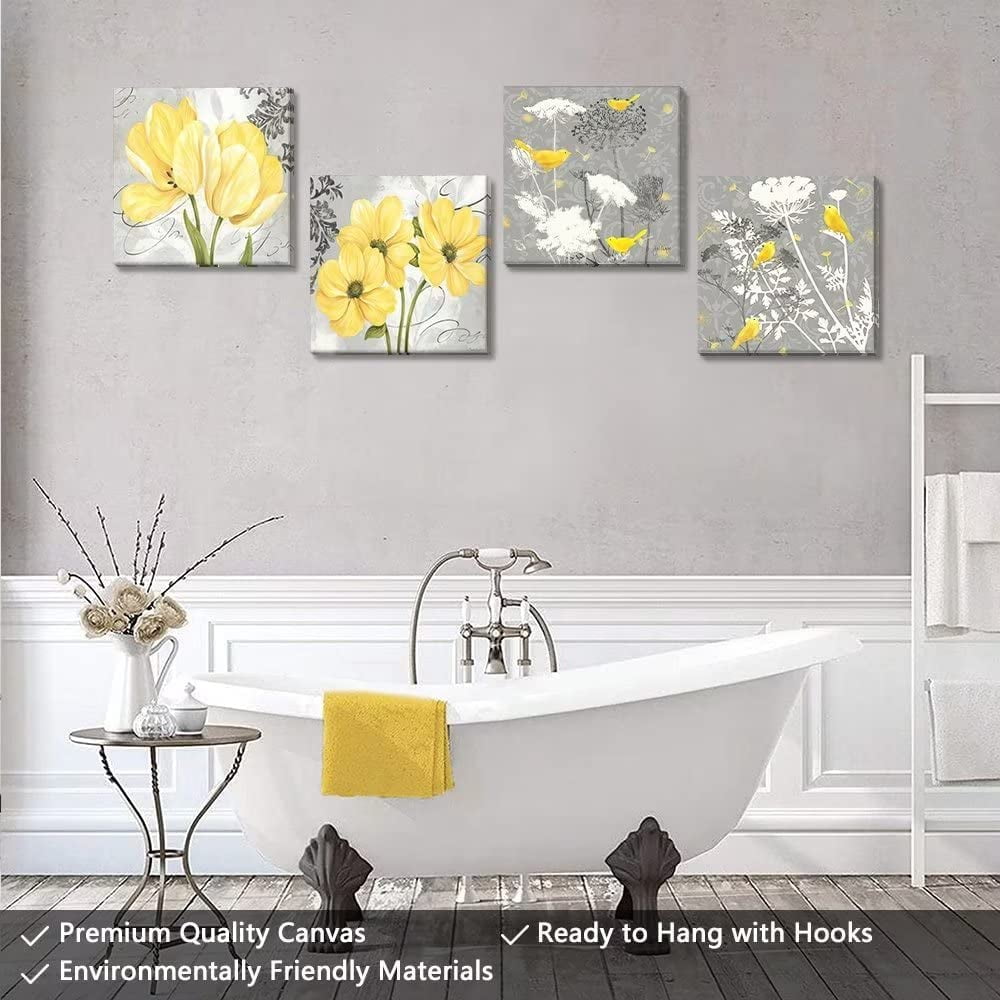 Yellow Gray Wall Art Canvas Flowers Birds Wall Decor for Living Room Bathroom Abstract Modern Floral Large Posters Print Artwork Framed Hang Pictures for Home Decorations 12''''x12'''' x4 Panels
