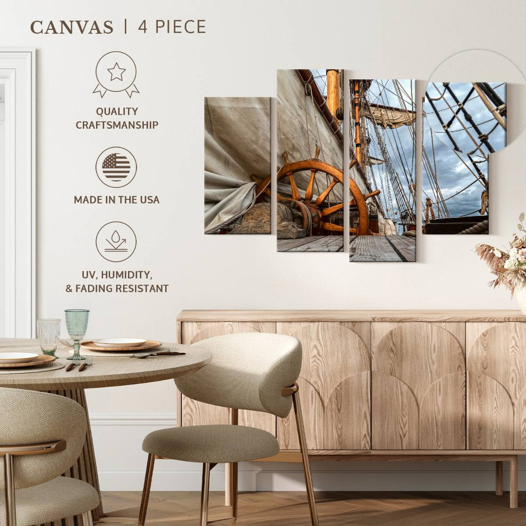 Elephant Stock Ship Wheel And Deck Wall Art - Horizontal Multi Panel Canvas - Living Room Wall Decor - Nautical Multi Panel - Brown And Beige Decor - 30" x 18"