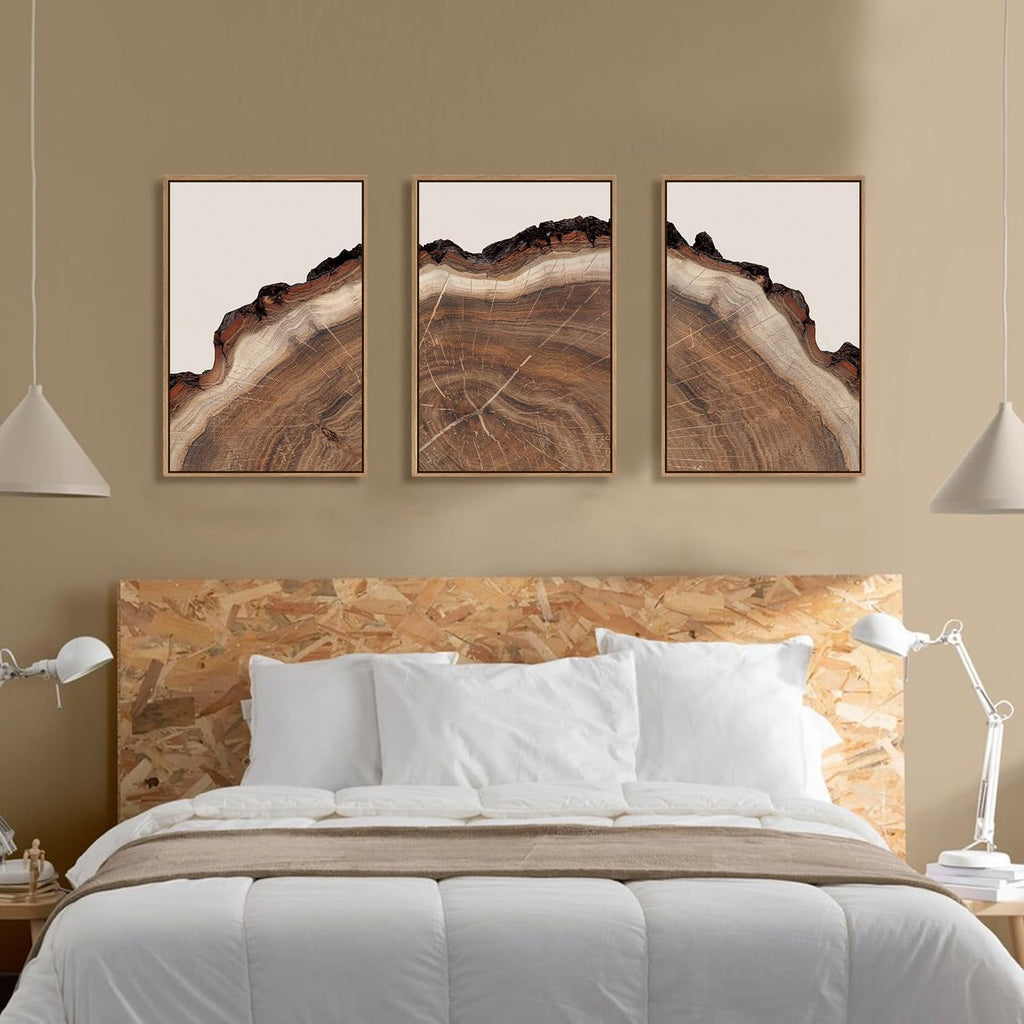 Tree Rings Wood Wall Art Framed Set, Modern Beige Wood Stump Wall Decor, Abstract Tree Spiral Wall Painting,Nature-Inspired Art Print for Living Room, Bedroom, Dining Room, Office-16 x24 x3
