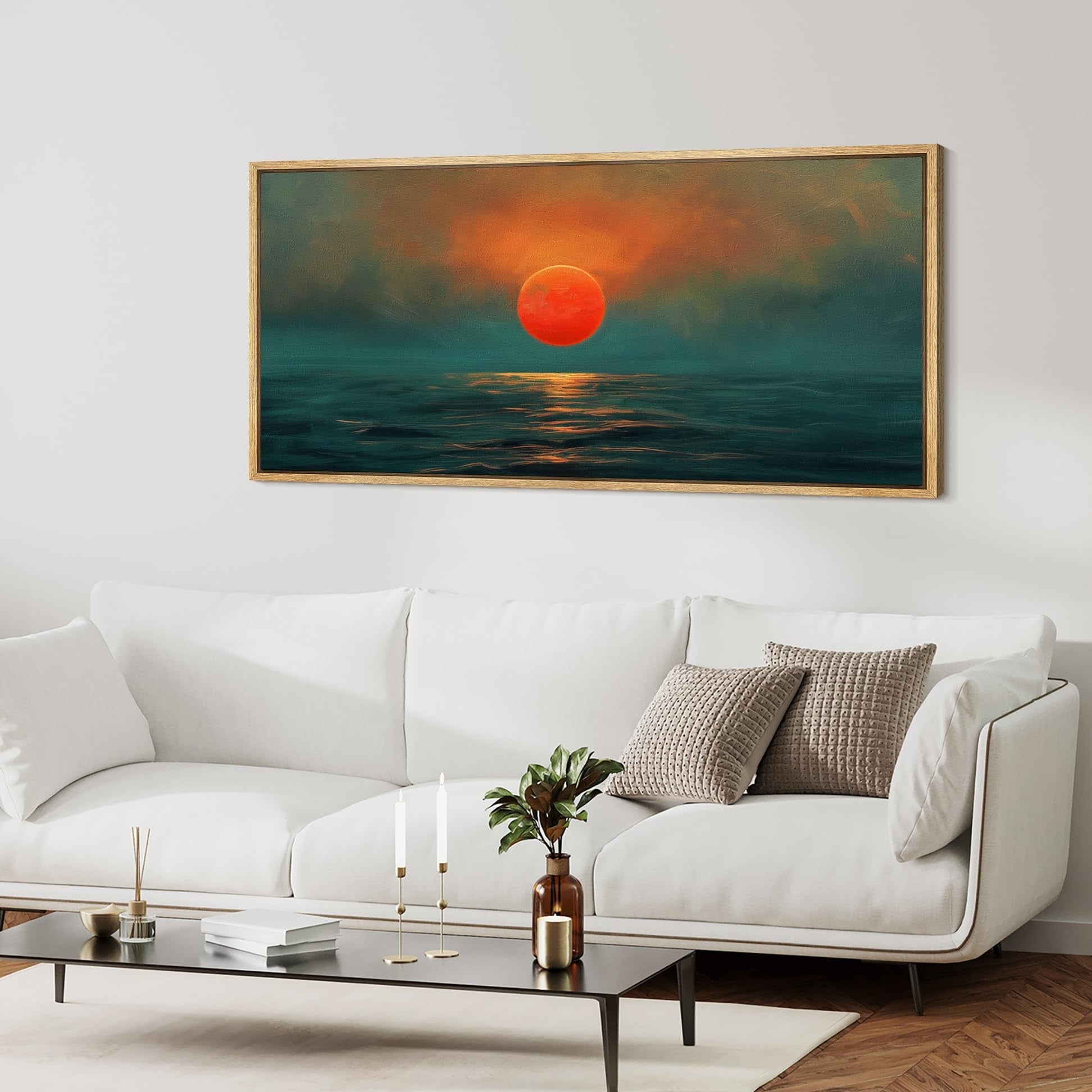 IDEA4WALL Extra Large Framed Canvas Print Wall Art Sunset Over Ocean Vibrant Red Sun and Blue Waters Classic Art Vintage Wall Decor Oversized Artwork Relax/Calm for Living Room - 60"x30"