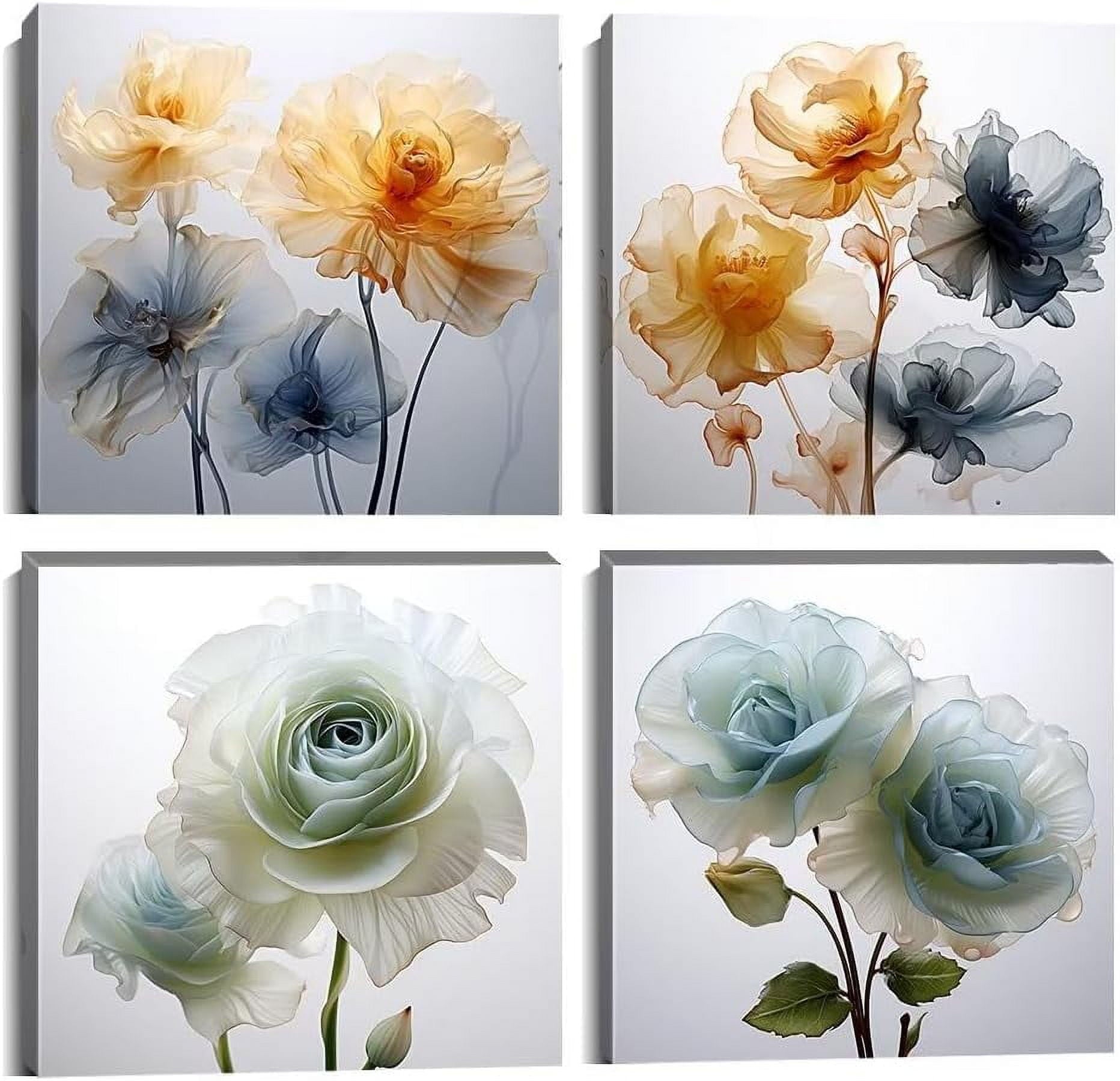 Yellow Gray Wall Art Canvas Flowers Birds Wall Decor for Living Room Bathroom Abstract Modern Floral Large Posters Print Artwork Framed Hang Pictures for Home Decorations 12''''x12'''' x4 Panels