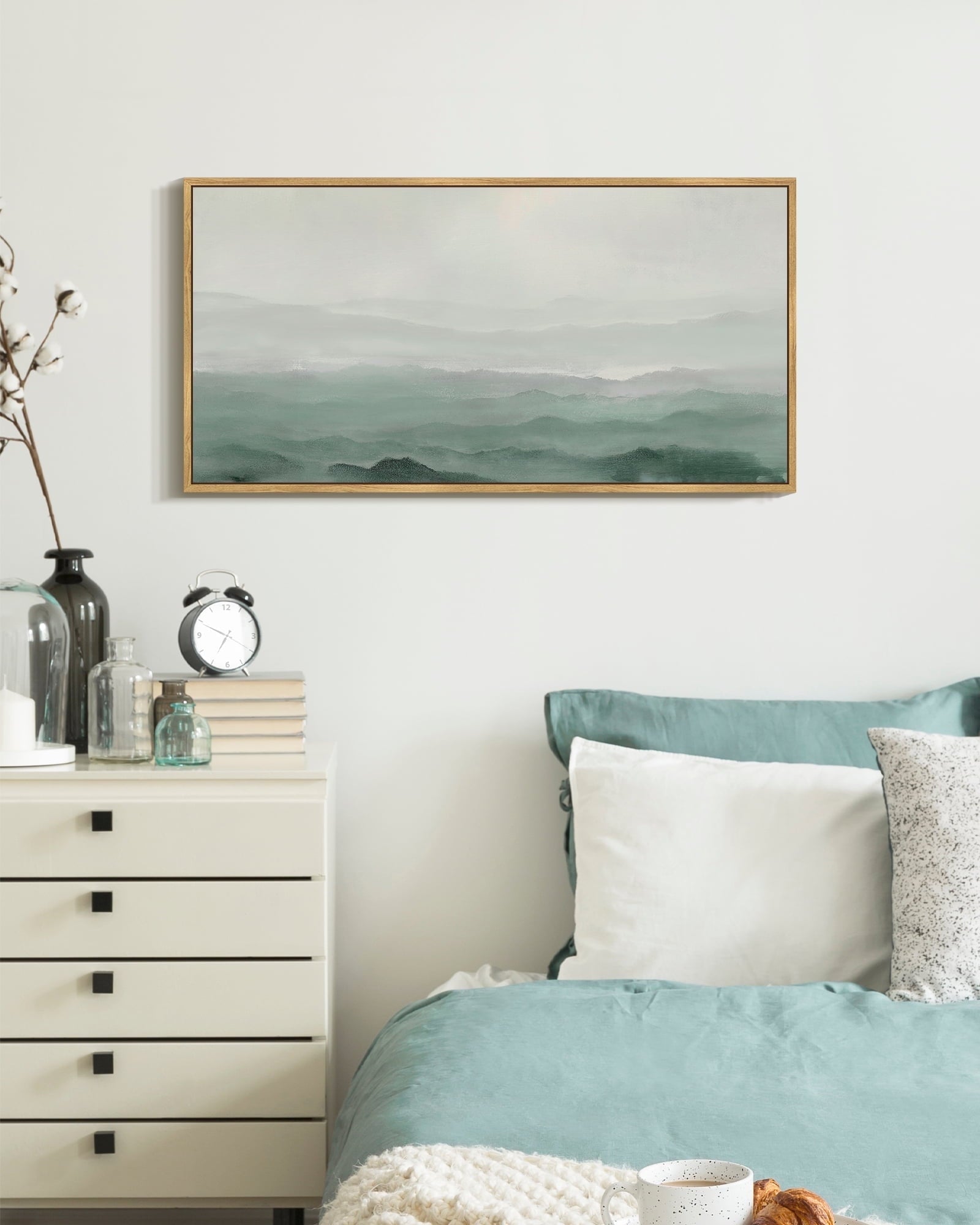 SHENIFY Abstract Landscape Wall Art 20x40in Natural Framed Minimalist Tan Green Mountain Neutral Toned Misty Nature Wilderness Illustrations Modern Art Decorative