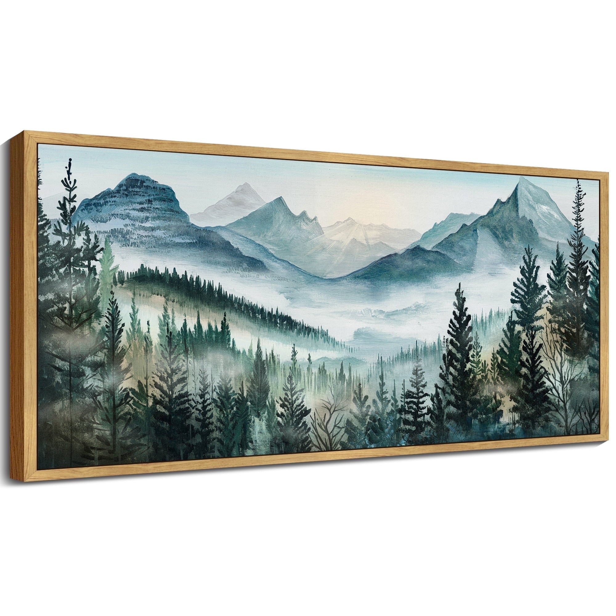 SHENIFY Abstract Landscape Wall Art 20x40in Natural Framed Minimalist Tan Green Mountain Neutral Toned Misty Nature Wilderness Illustrations Modern Art Decorative