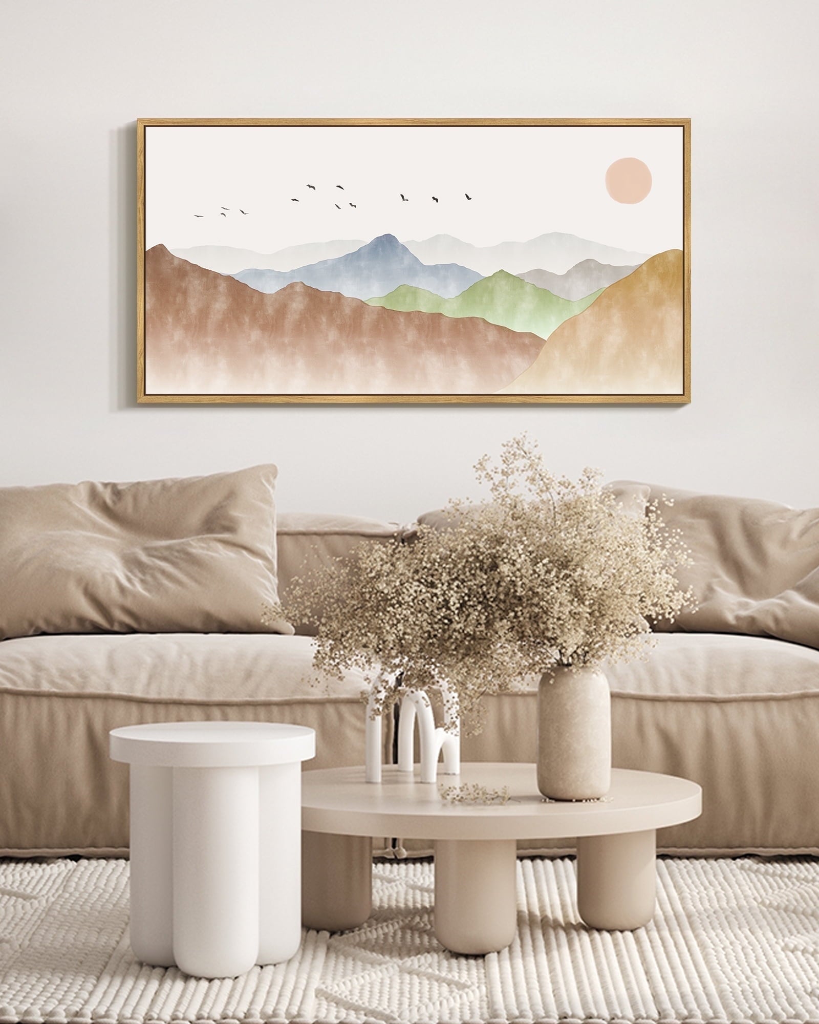 SHENIFY Abstract Landscape Wall Art 20x40in Natural Framed Minimalist Tan Green Mountain Neutral Toned Misty Nature Wilderness Illustrations Modern Art Decorative