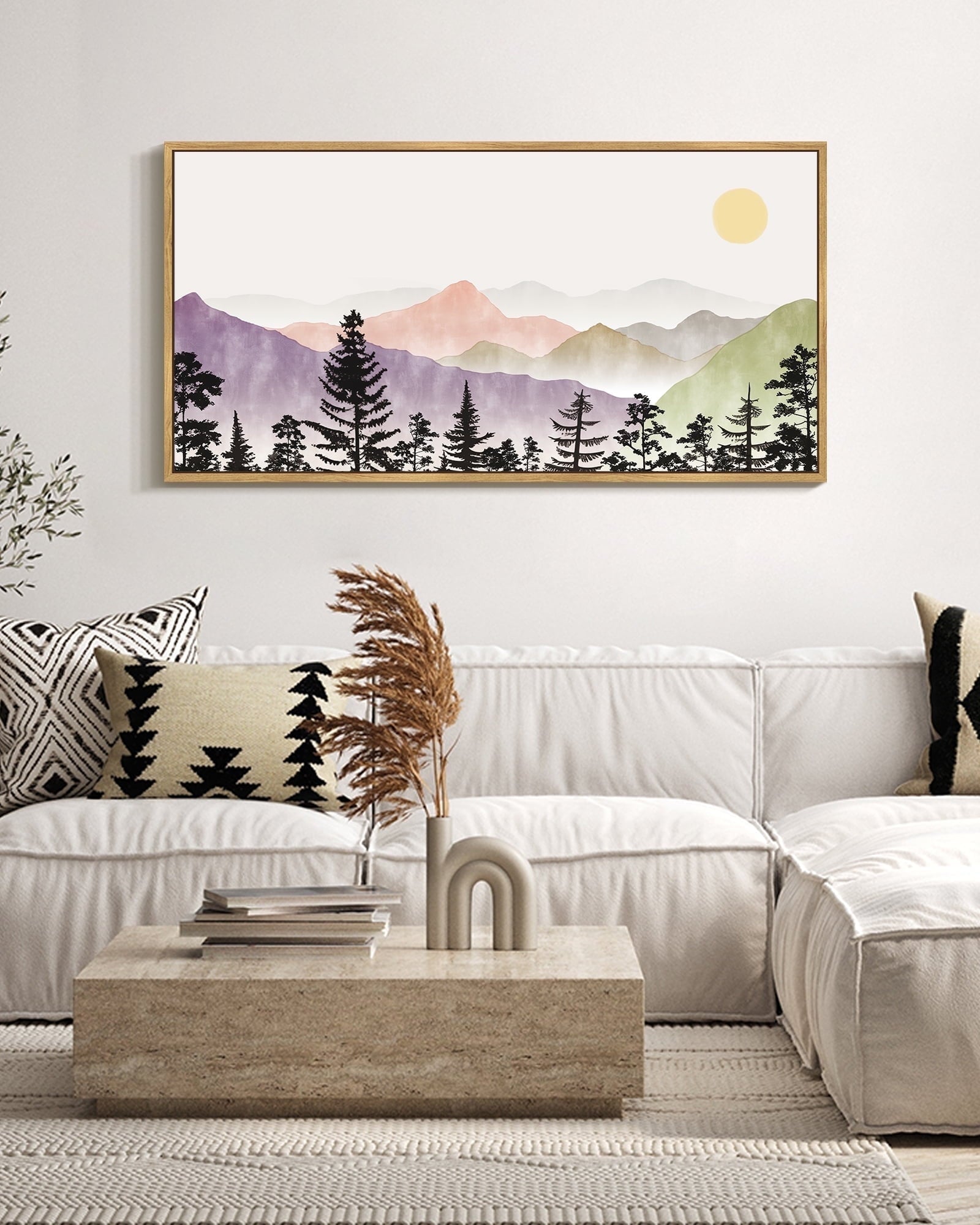 SHENIFY Abstract Landscape Wall Art 20x40in Natural Framed Minimalist Tan Green Mountain Neutral Toned Misty Nature Wilderness Illustrations Modern Art Decorative