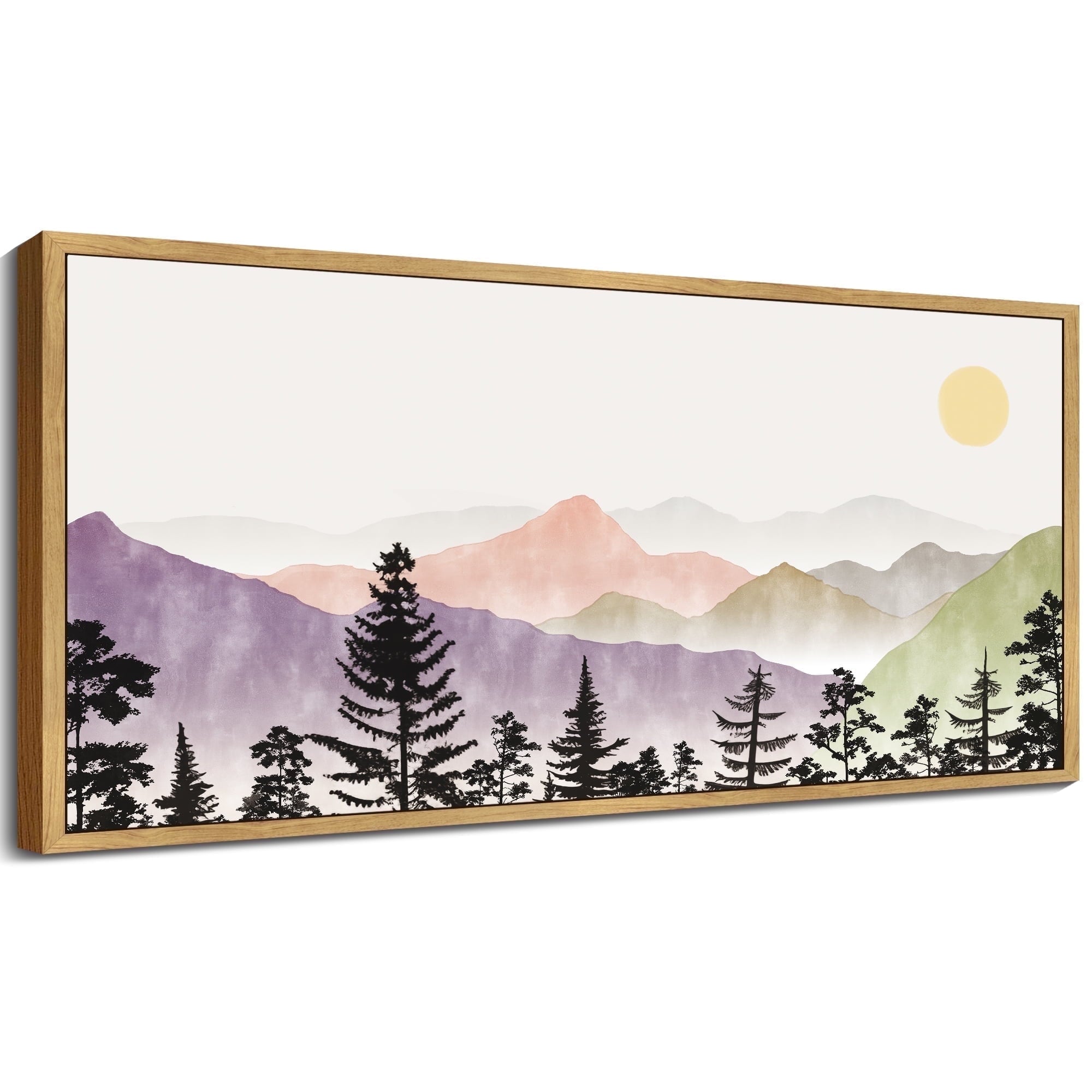 SHENIFY Abstract Landscape Wall Art 20x40in Natural Framed Minimalist Tan Green Mountain Neutral Toned Misty Nature Wilderness Illustrations Modern Art Decorative