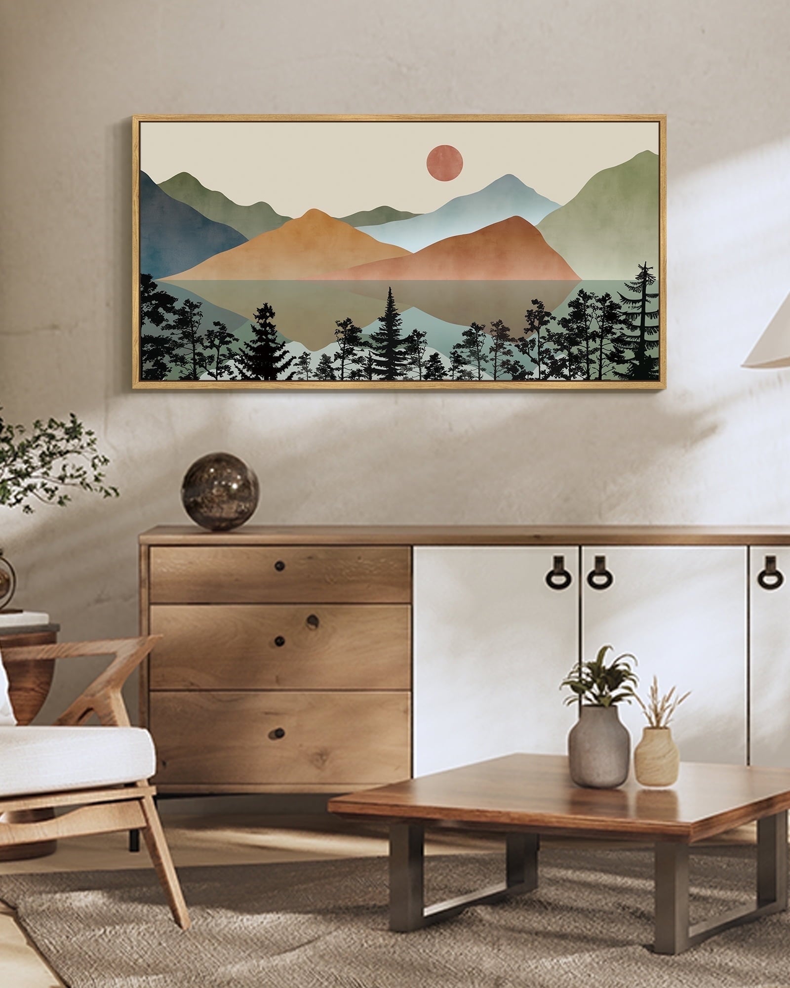 SHENIFY Abstract Landscape Wall Art 20x40in Natural Framed Minimalist Tan Green Mountain Neutral Toned Misty Nature Wilderness Illustrations Modern Art Decorative