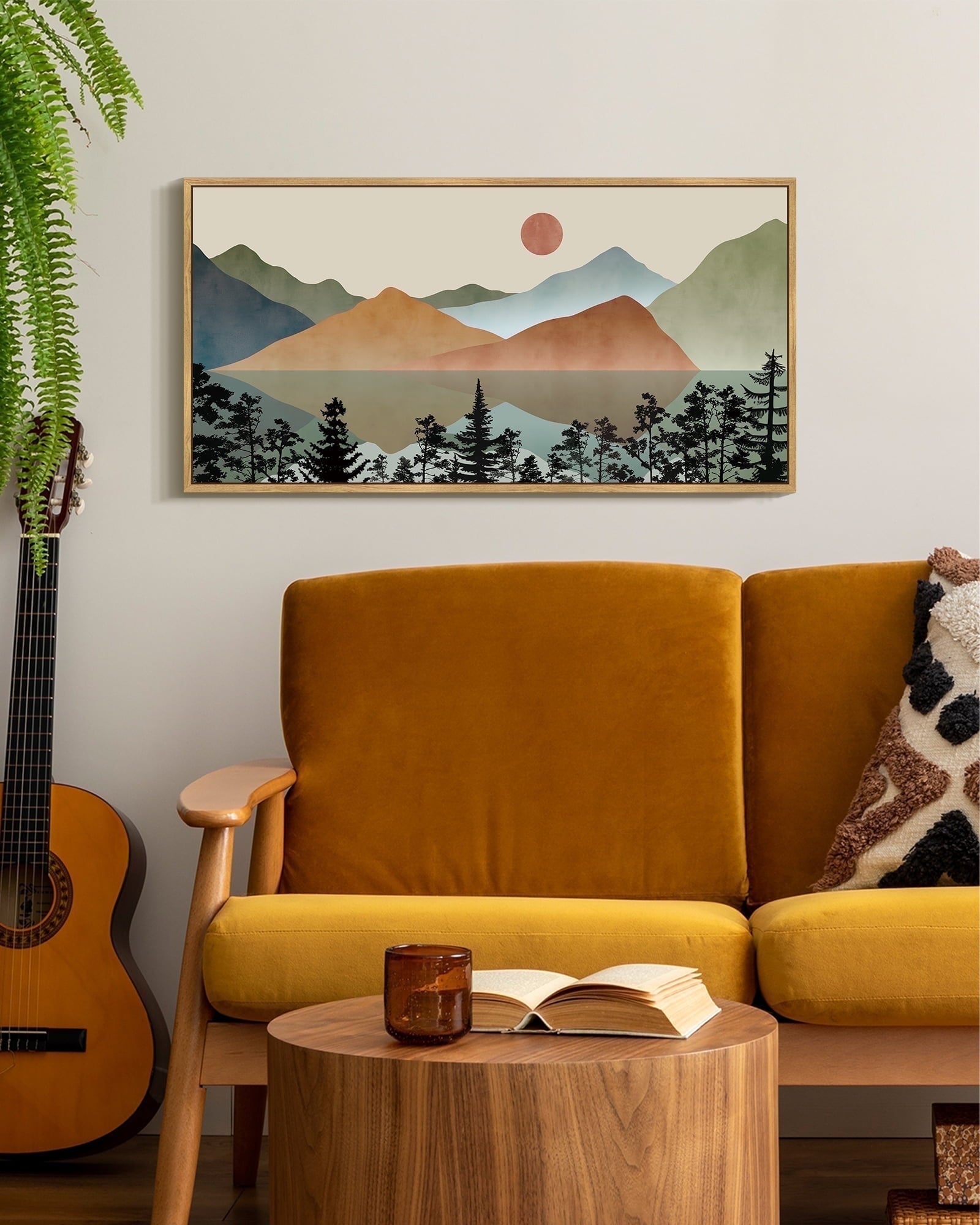 SHENIFY Abstract Landscape Wall Art 20x40in Natural Framed Minimalist Tan Green Mountain Neutral Toned Misty Nature Wilderness Illustrations Modern Art Decorative