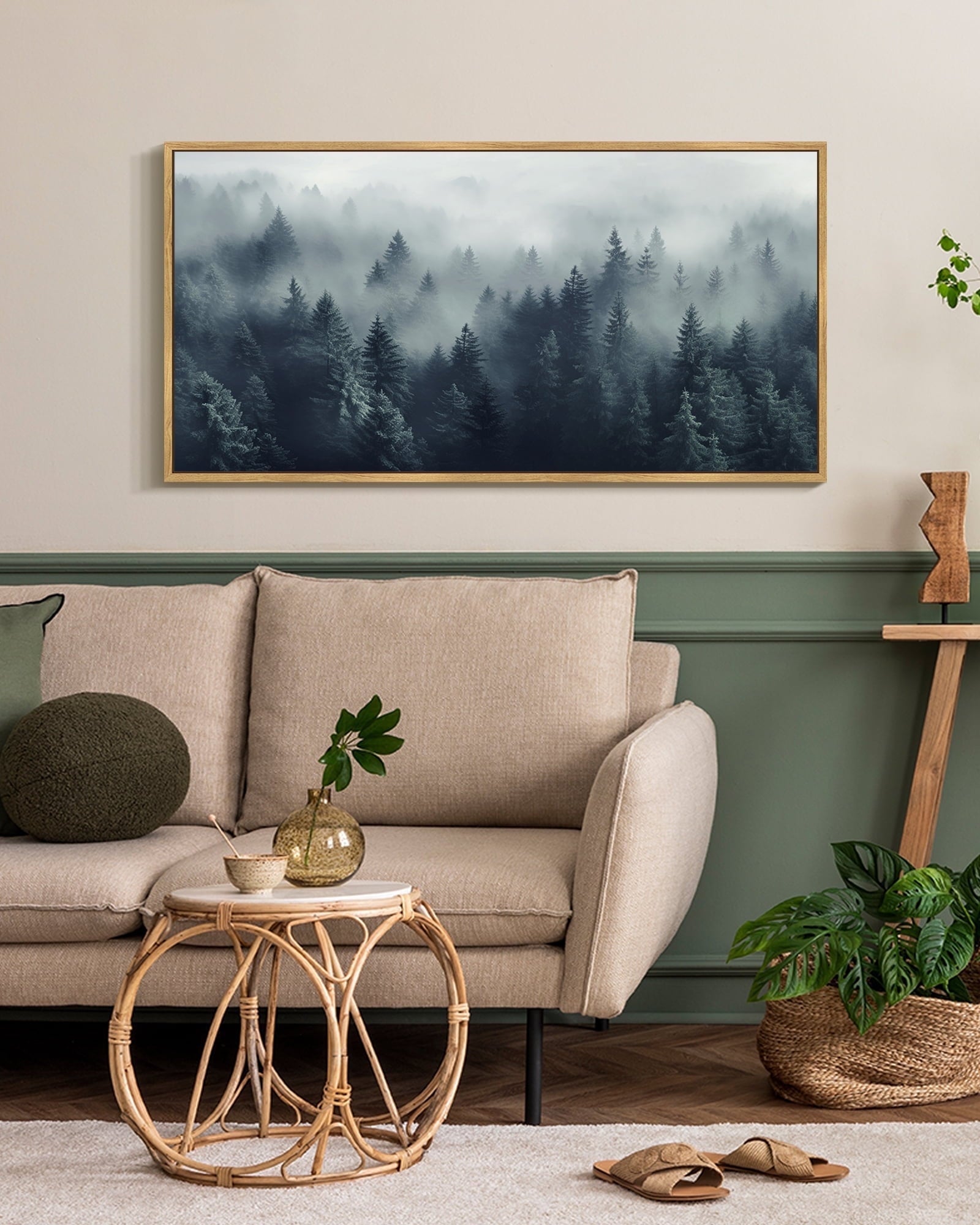 SHENIFY Abstract Landscape Wall Art 20x40in Natural Framed Minimalist Tan Green Mountain Neutral Toned Misty Nature Wilderness Illustrations Modern Art Decorative