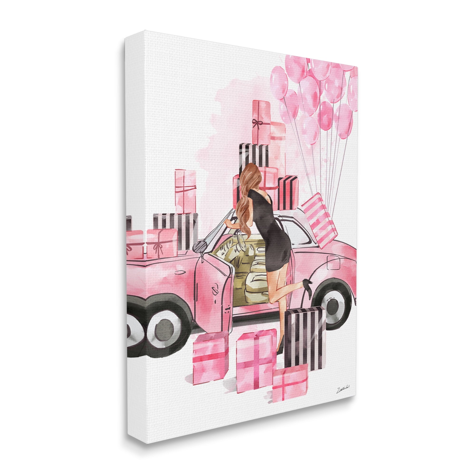 Stupell Industries Pink Fashionista Glam Car Stylish Gift Boxes Beauty & Fashion Painting Gallery Wrapped Canvas Art Print Wall Art, 16 x 20