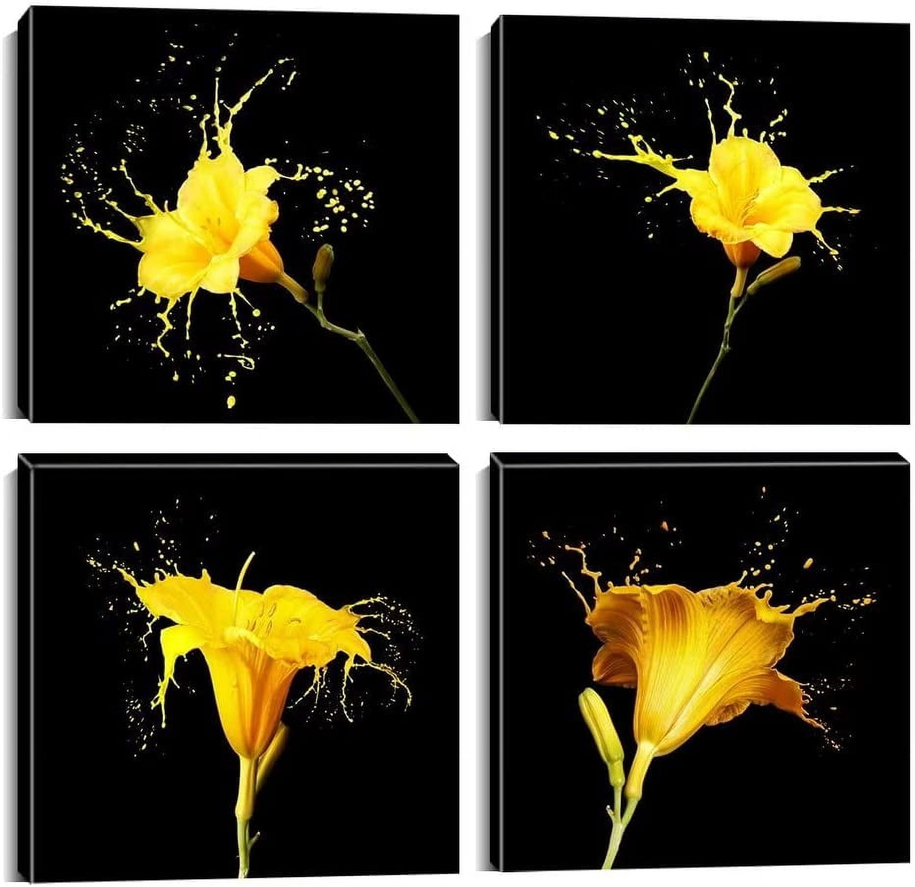 Yellow Gray Wall Art Canvas Flowers Birds Wall Decor for Living Room Bathroom Abstract Modern Floral Large Posters Print Artwork Framed Hang Pictures for Home Decorations 12''''x12'''' x4 Panels