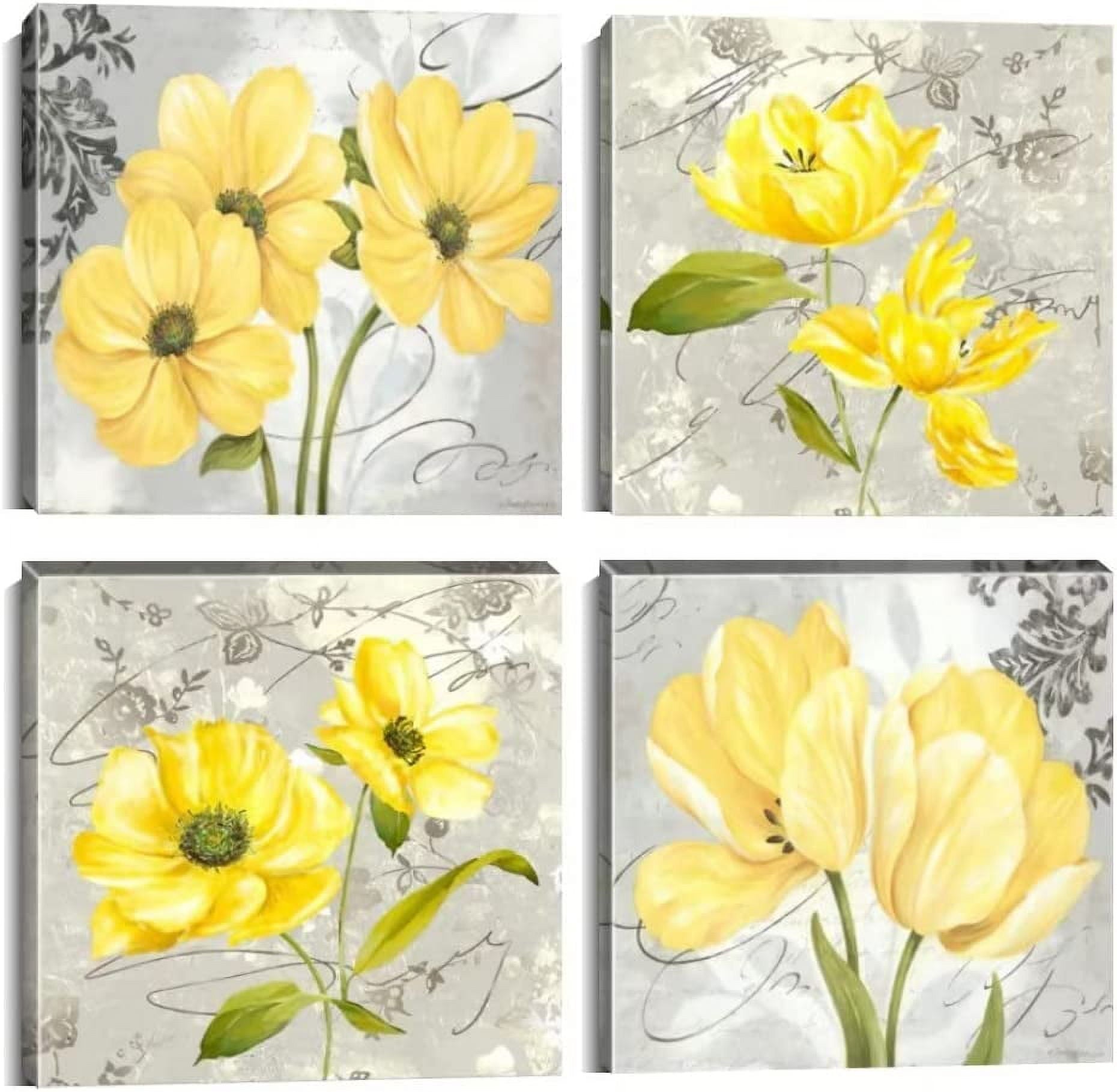 Yellow Gray Wall Art Canvas Flowers Birds Wall Decor for Living Room Bathroom Abstract Modern Floral Large Posters Print Artwork Framed Hang Pictures for Home Decorations 12''''x12'''' x4 Panels