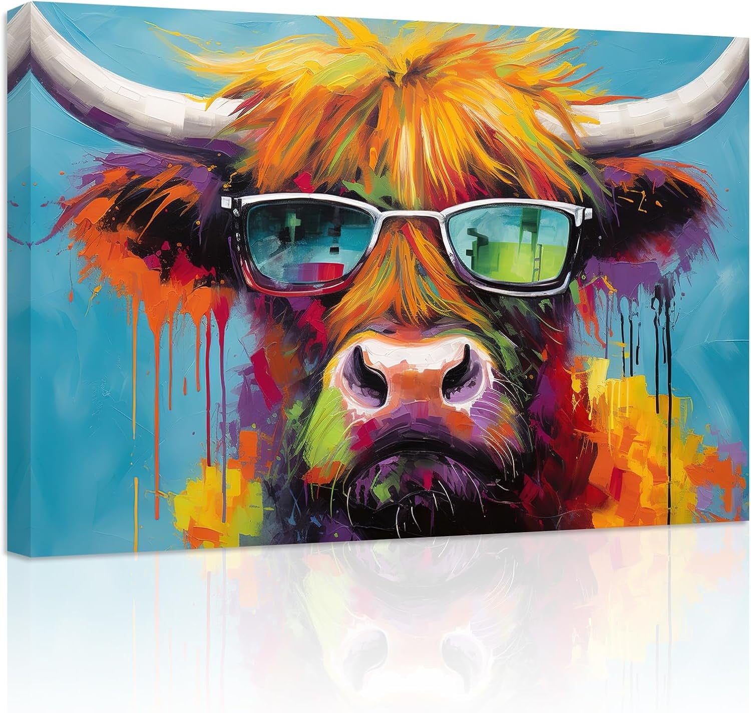 ZHONGYUTONG Highland Cow Canvas Wall Art Highland Cow Wearing Glasses Poster Prints Colorful Animals Pictures for Country Kitchen Bathroom Decor Framed (12.00" x 18.00")