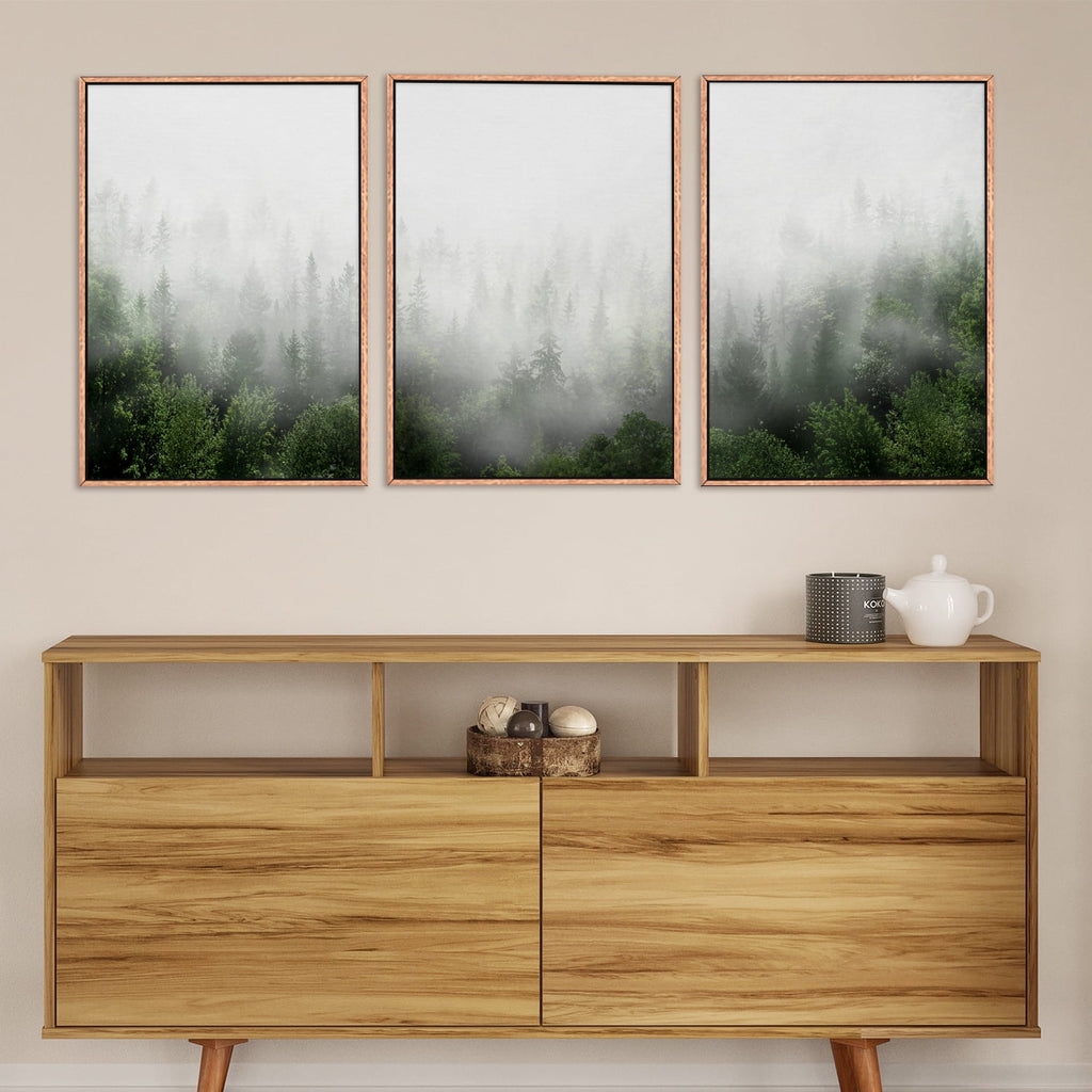 Misty Green Forest Framed Canvas Wall Art Set, Nature Scenery Modern Wall Decor, Foggy Mountain Wall Painting, Woodland Landscape Nursery Art Print for Living Room, Bedroom, Office - 16"x24"x3