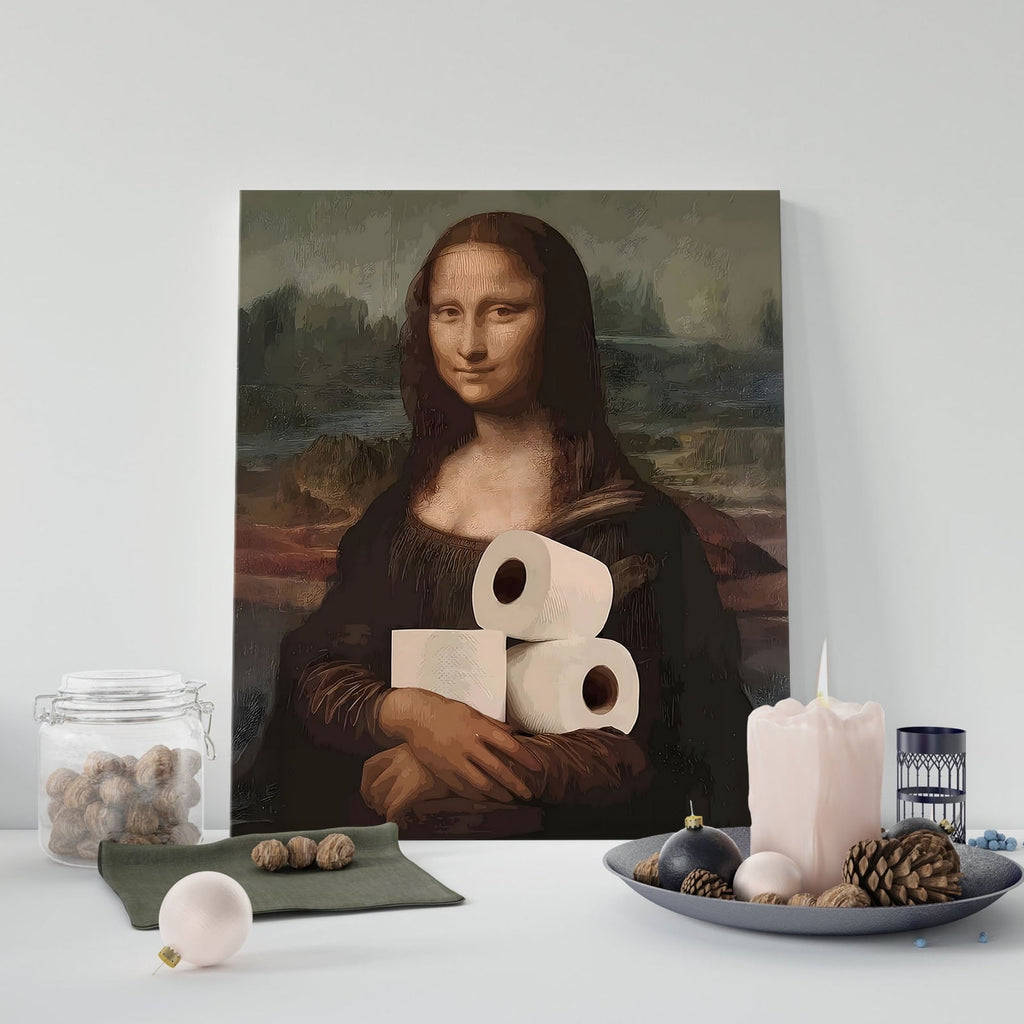 P&L Art Canvas Wall Art Decor, Funny Mona Lisa Toilet Paper Canvas Poster - Modern Wall Decor for Bedroom, Bathroom, Living Room, Hallway - Unique Home Decor Gift