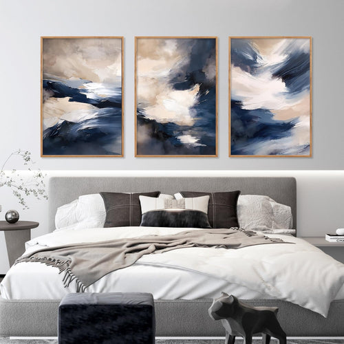 Blue Abstract Brush Stroke Framed Wall Art, Modern Minimalist Color Block Canvas Wall Decor, Earth Tone Shape Wall Painting, Beige Neutral Art Print for Living Room, Bedroom, Office - 16"x24"x3