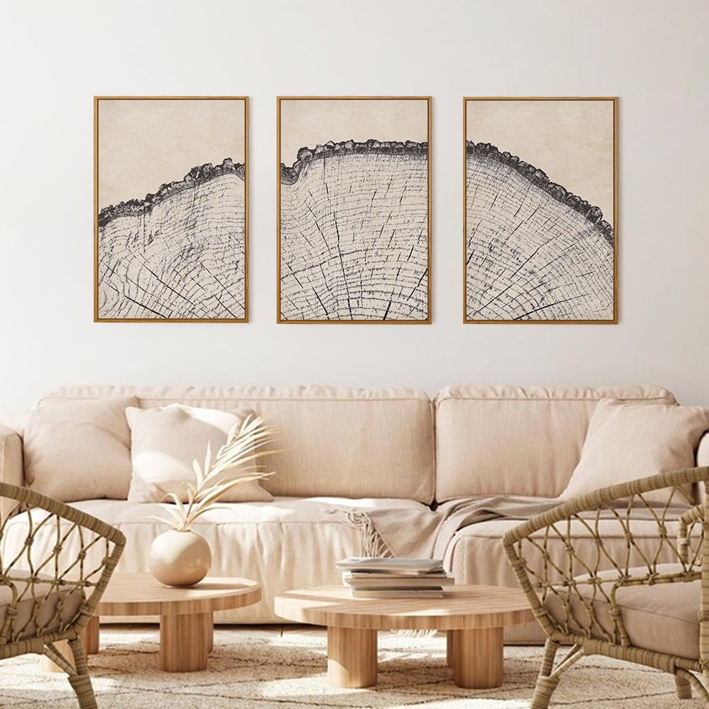 Vintage Wood Tree Rings Wall Art Set, Framed Canvas Paintings, Black and White Nature-Inspired Decorative for Modern Home Decor for Living Room, Bedroom, Dining Room, Office- 16"x24"x3