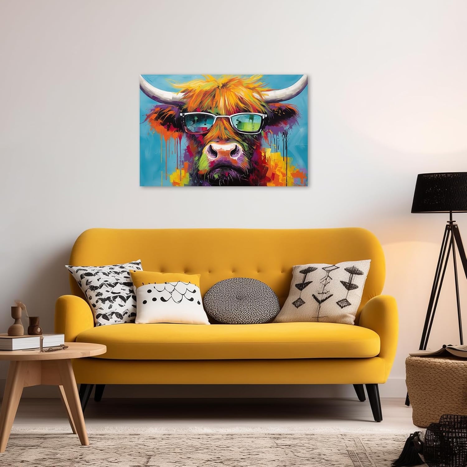 ZHONGYUTONG Highland Cow Canvas Wall Art Highland Cow Wearing Glasses Poster Prints Colorful Animals Pictures for Country Kitchen Bathroom Decor Framed (12.00" x 18.00")
