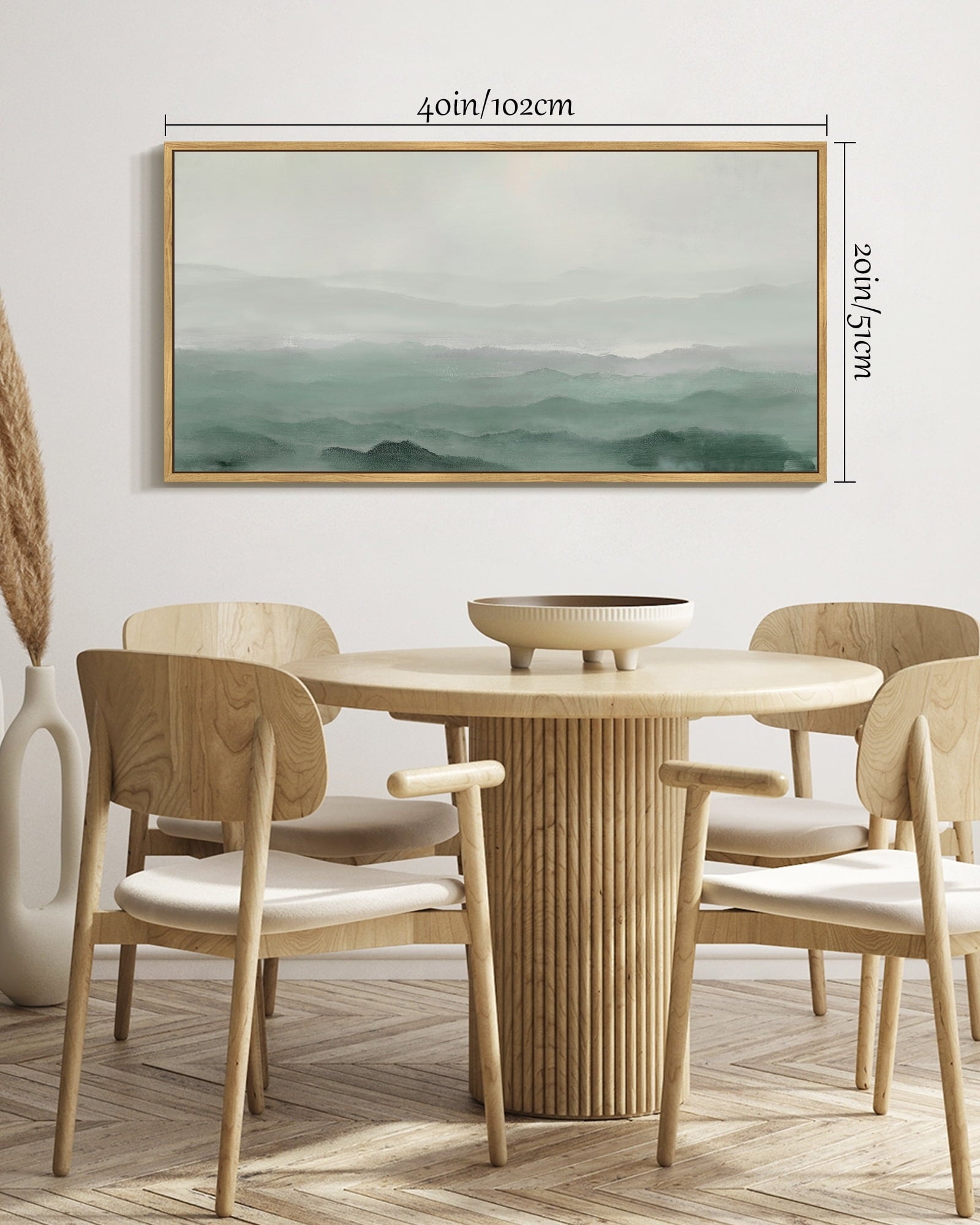 SHENIFY Abstract Landscape Wall Art 20x40in Natural Framed Minimalist Tan Green Mountain Neutral Toned Misty Nature Wilderness Illustrations Modern Art Decorative